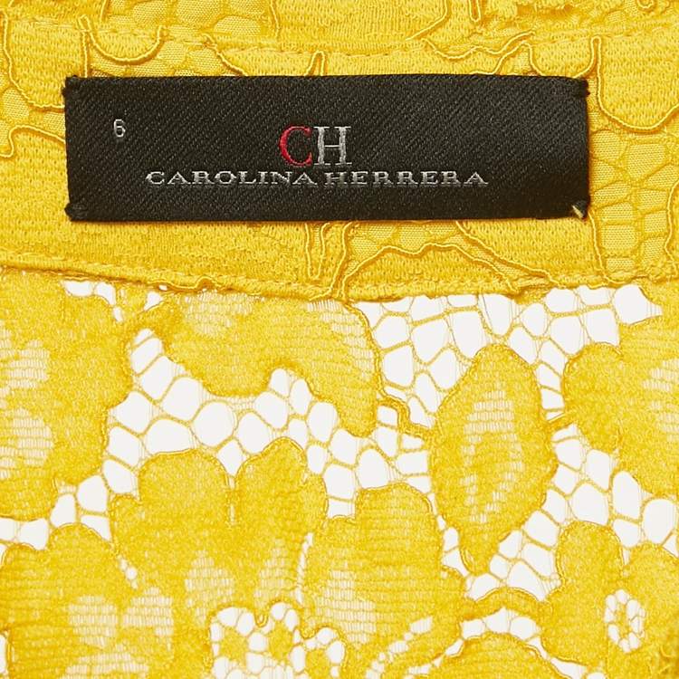 Pre Owned CH Carolina Herrera Yellow Lace Belted Midi Dress M