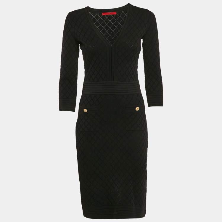 Pre Owned CH Carolina Herrera Black Pointelle Knit V-Neck Bodycon Dress XS