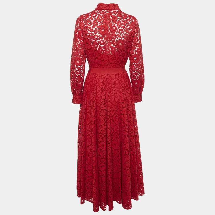 Pre Owned CH Carolina Herrera Red Floral Lace Button Front Maxi Shirt Dress L