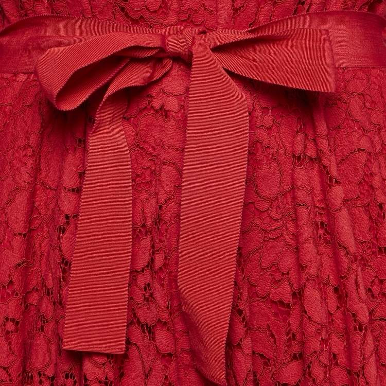 Pre Owned CH Carolina Herrera Red Floral Lace Button Front Maxi Shirt Dress L