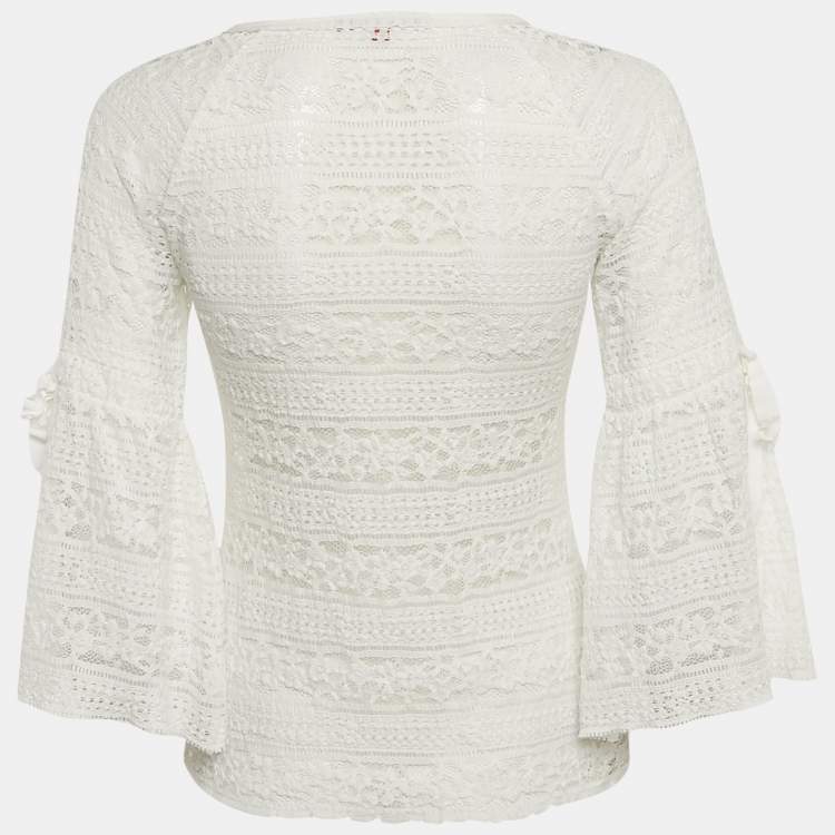 Pre Owned CH Carolina Herrera White Lace Bell Sleeve Top XS