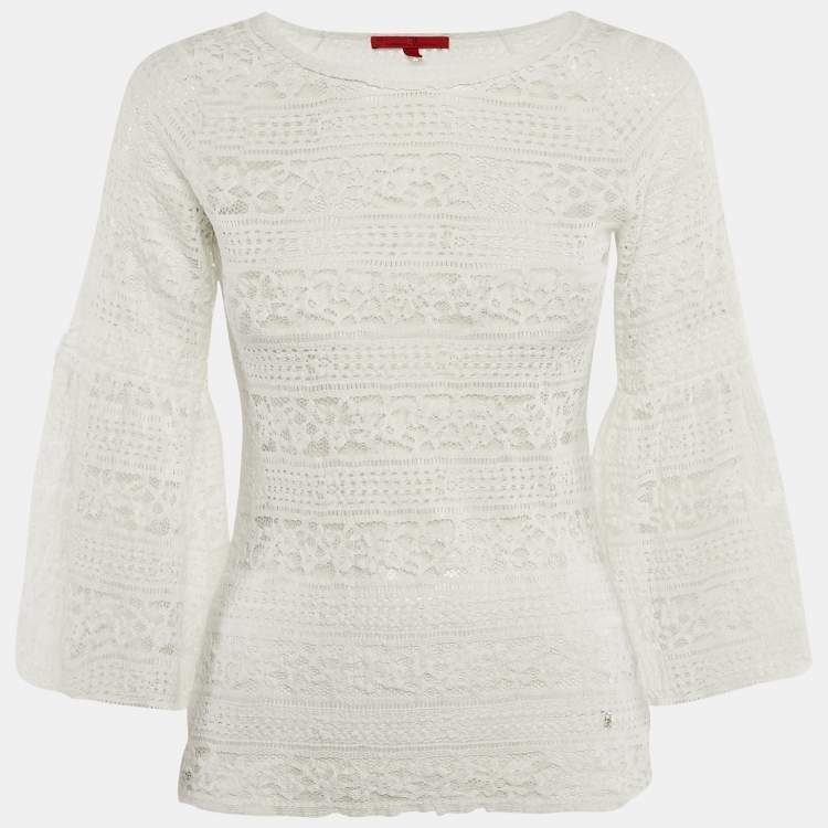 Pre Owned CH Carolina Herrera White Lace Bell Sleeve Top XS