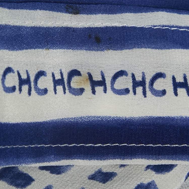 Pre Owned CH Carolina Herrera White/Blue Printed Silk Tie-Up Button Front Blouse L