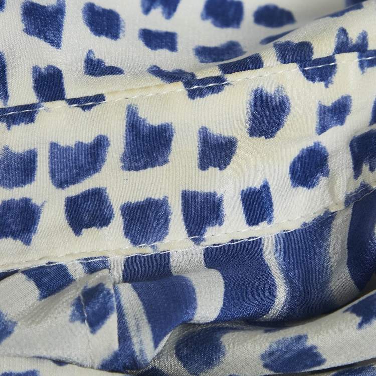 Pre Owned CH Carolina Herrera White/Blue Printed Silk Tie-Up Button Front Blouse L