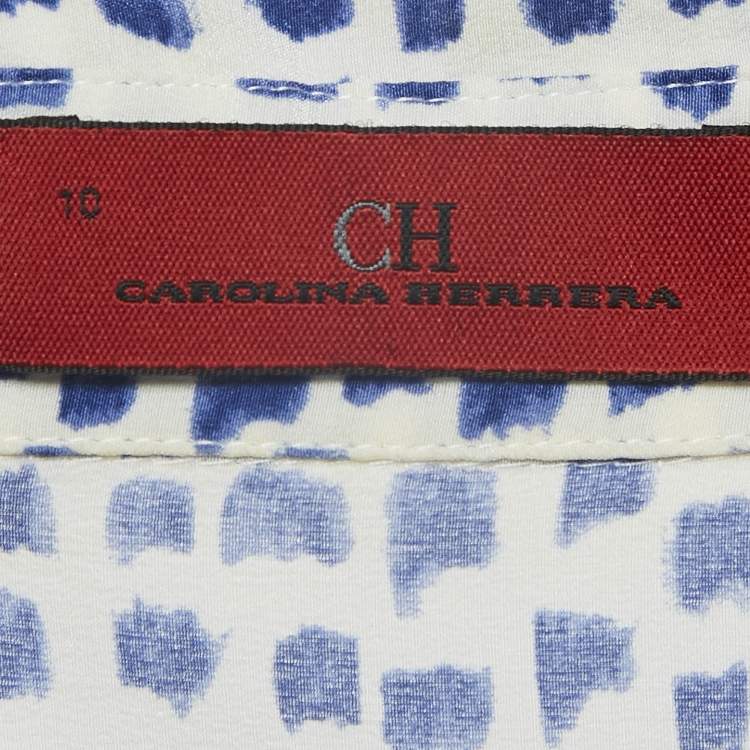 Pre Owned CH Carolina Herrera White/Blue Printed Silk Tie-Up Button Front Blouse L