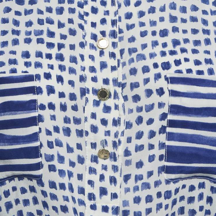 Pre Owned CH Carolina Herrera White/Blue Printed Silk Tie-Up Button Front Blouse L