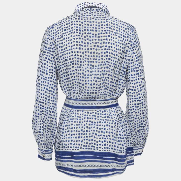 Pre Owned CH Carolina Herrera White/Blue Printed Silk Tie-Up Button Front Blouse L