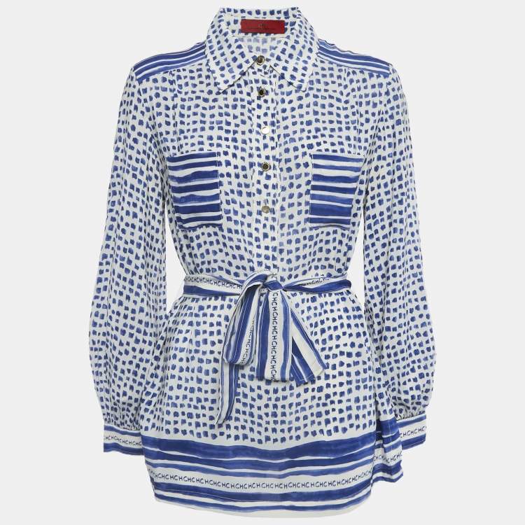 Pre Owned CH Carolina Herrera White/Blue Printed Silk Tie-Up Button Front Blouse L
