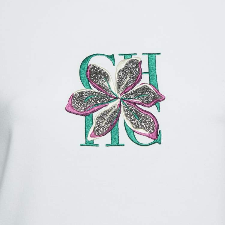 مملوكة مسبقًا CH Carolina Herrera White Logo Flora Embroidered Jersey T-Shirt S