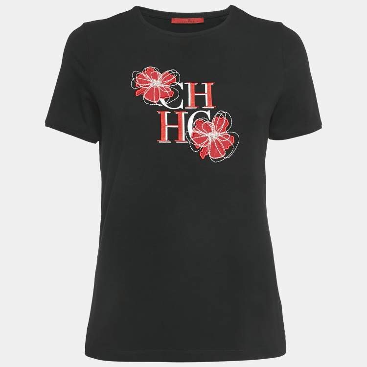 Pre Owned CH Carolina Herrera Black Logo Flora Embroidered Jersey T-Shirt S