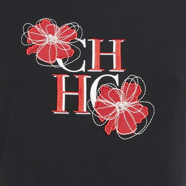 Pre Owned CH Carolina Herrera Black Logo Flora Embroidered Jersey T-Shirt S