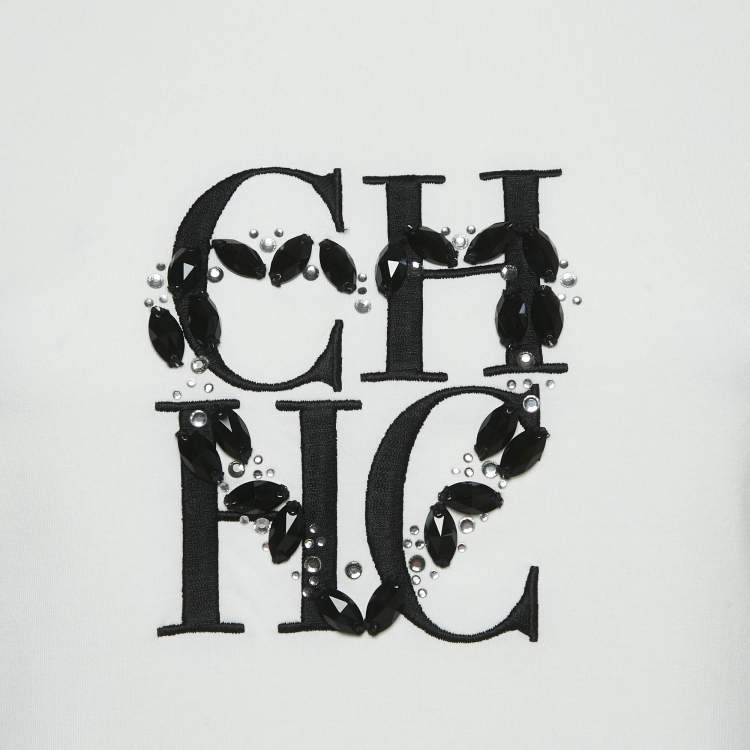 Pre Owned CH Carolina Herrera White Logo Embellished Cotton Knit T-Shirt S