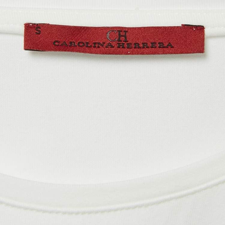Pre Owned CH Carolina Herrera White Logo Embellished Cotton Knit T-Shirt S