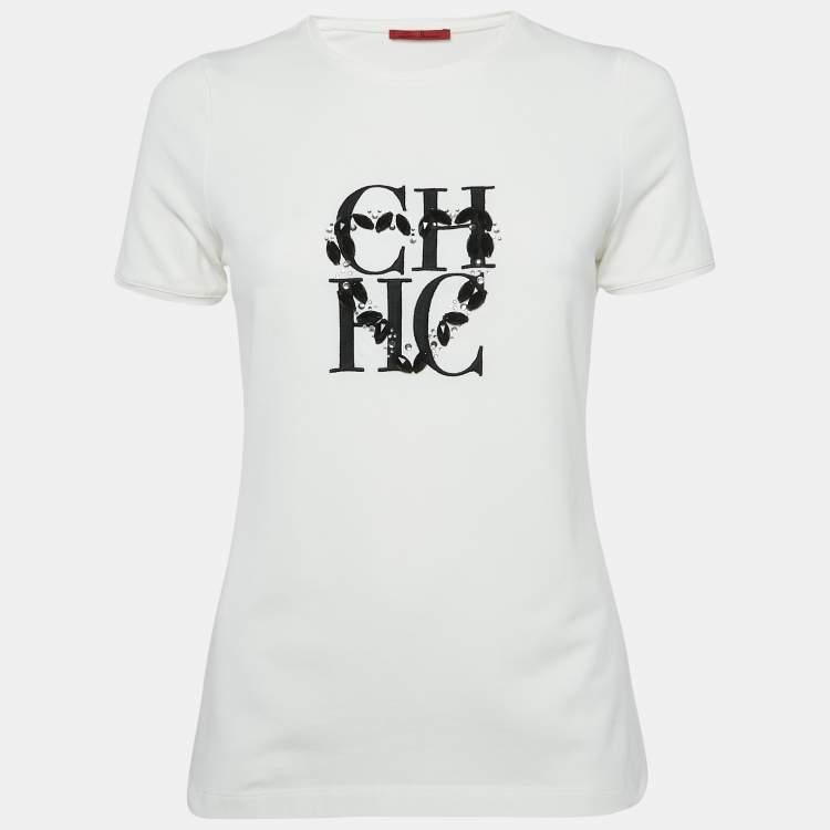 Pre Owned CH Carolina Herrera White Logo Embellished Cotton Knit T-Shirt S