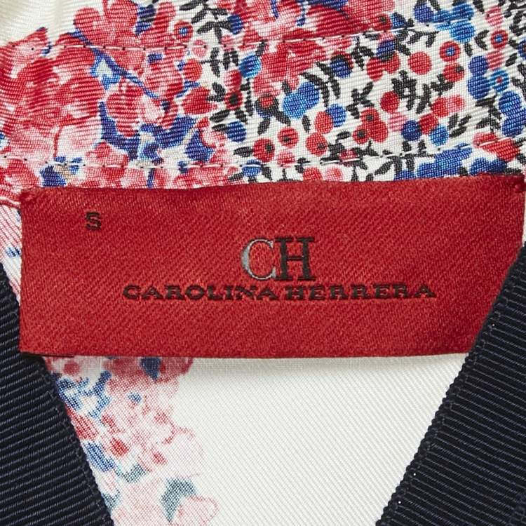 Pre Owned CH Carolina Herrera White Floral Print Silk Zip-Up Jacket S