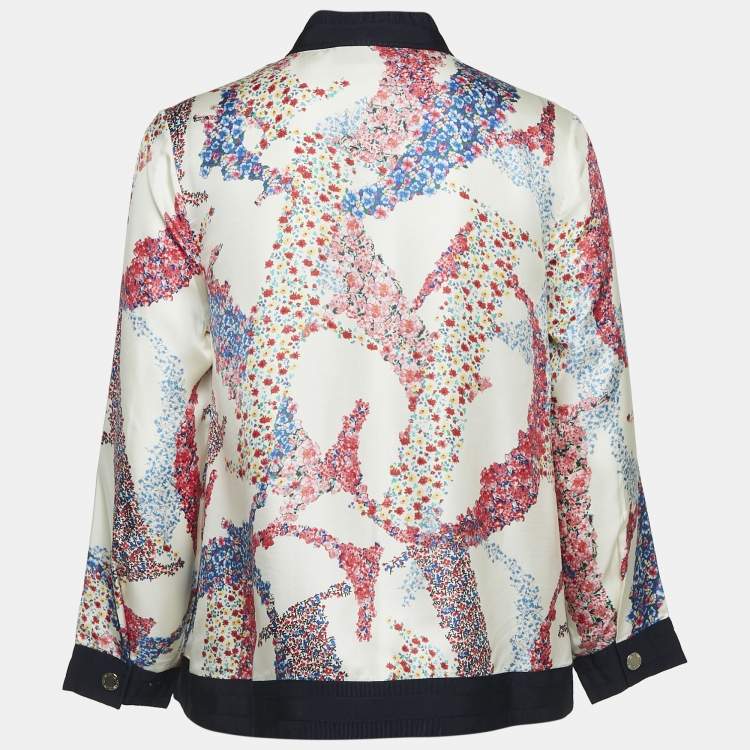 Pre Owned CH Carolina Herrera White Floral Print Silk Zip-Up Jacket S