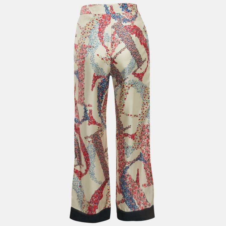 Pre Owned CH Carolina Herrera White Floral Print Silk Wide-Leg Trousers XS