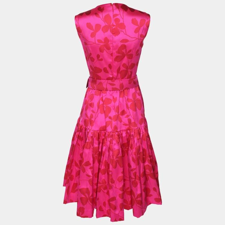 Pre Owned CH Carolina Herrera Pink/Red Jacquard Farm Rio Print Midi Dress S