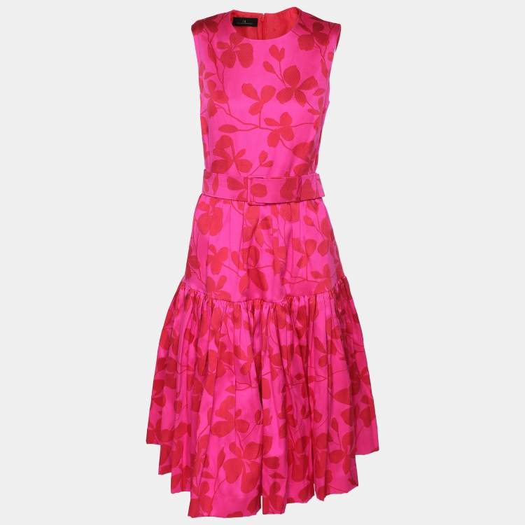 Pre Owned CH Carolina Herrera Pink/Red Jacquard Farm Rio Print Midi Dress S