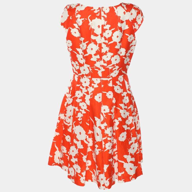 Pre Owned CH Carolina Herrera Orange/White Floral Print Cotton Silk Midi Dress M