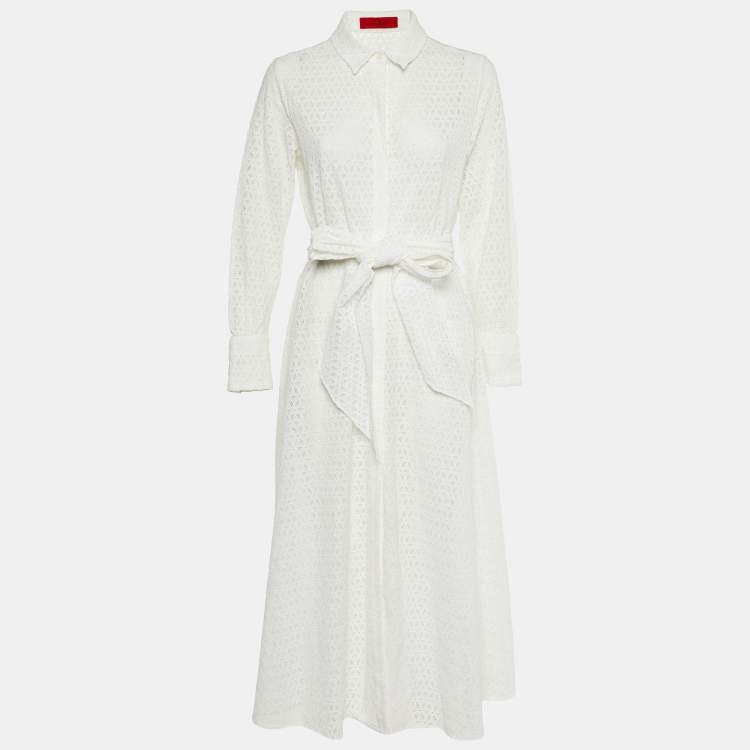 Pre Owned CH Carolina Herrera White Eyelet Lace Belted Maxi Dress L