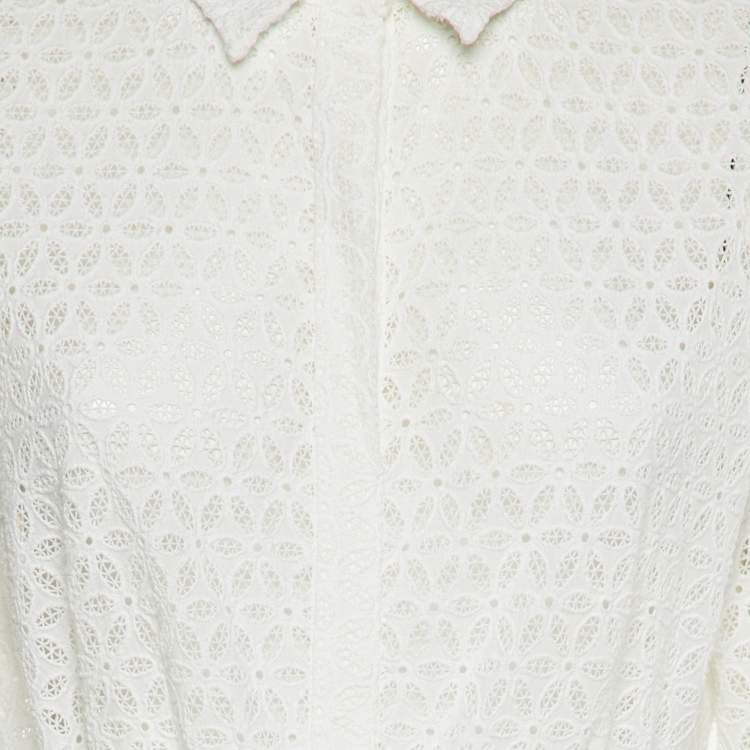 Pre Owned CH Carolina Herrera White Eyelet Lace Belted Maxi Dress L