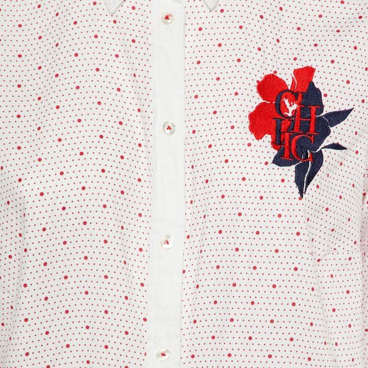 Pre Owned CH Carolina Herrera White & Red Polka Dot Printed Cotton Shirt L