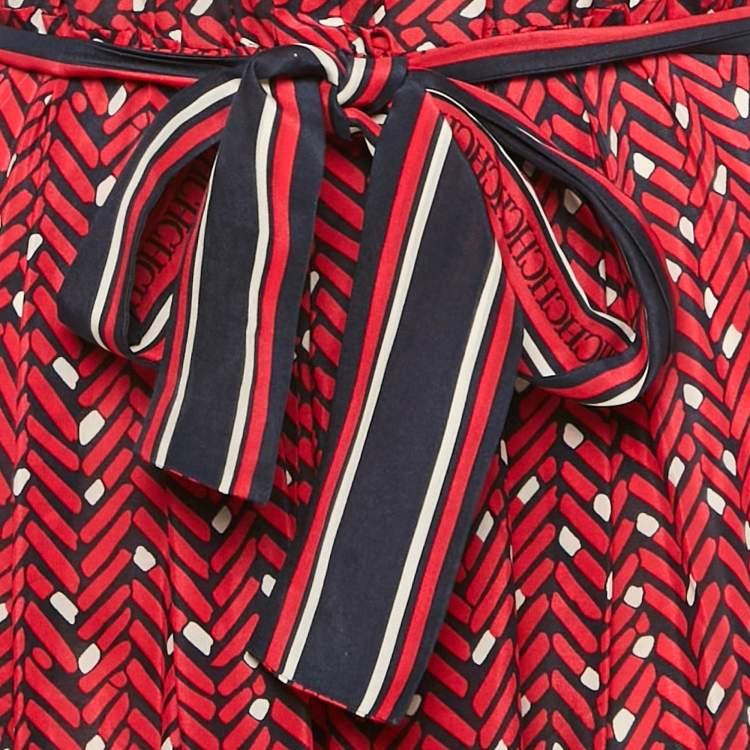 Pre Owned CH Carolina Herrera Red Printed Chiffon Belted Maxi Dress XS