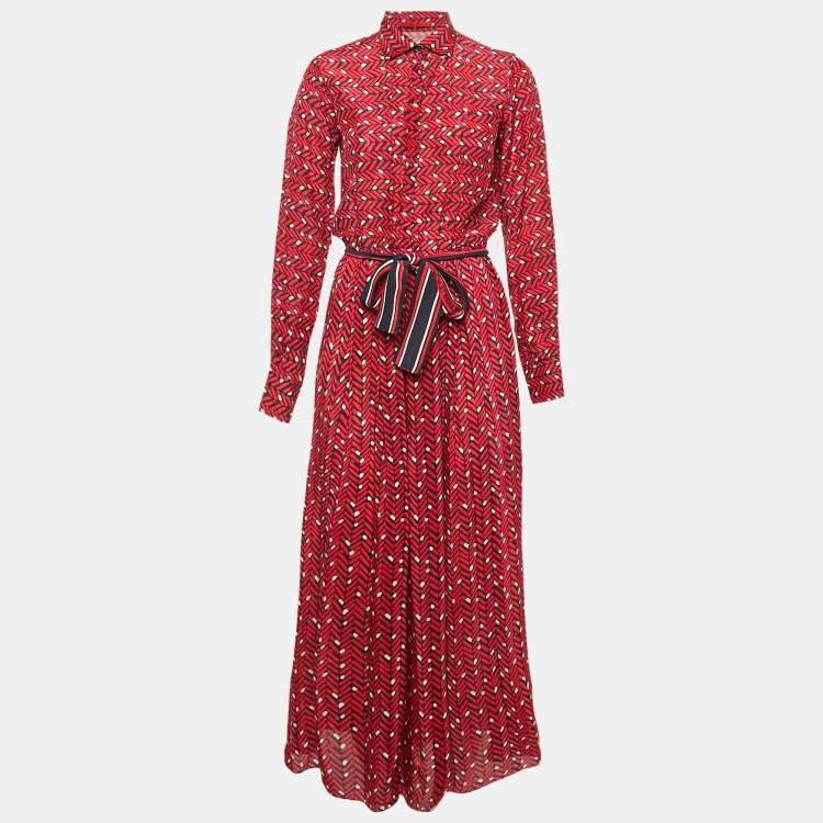 Pre Owned CH Carolina Herrera Red Printed Chiffon Belted Maxi Dress XS