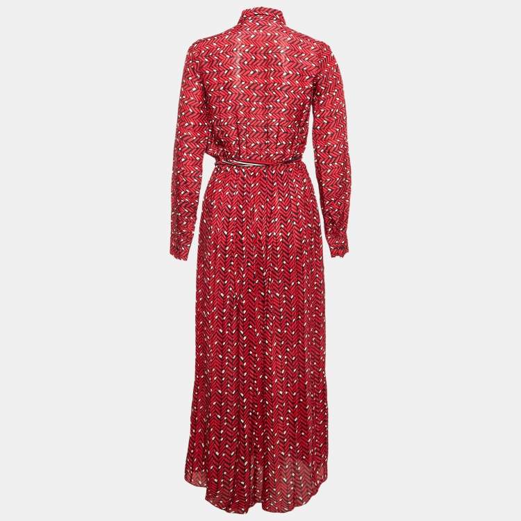 Pre Owned CH Carolina Herrera Red Printed Chiffon Belted Maxi Dress XS