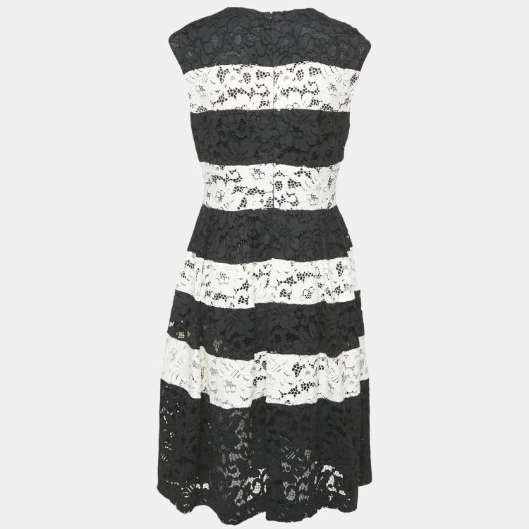 Pre Owned Carolina Herrera Black/White Corded Lace Sleeveless Short Dress M