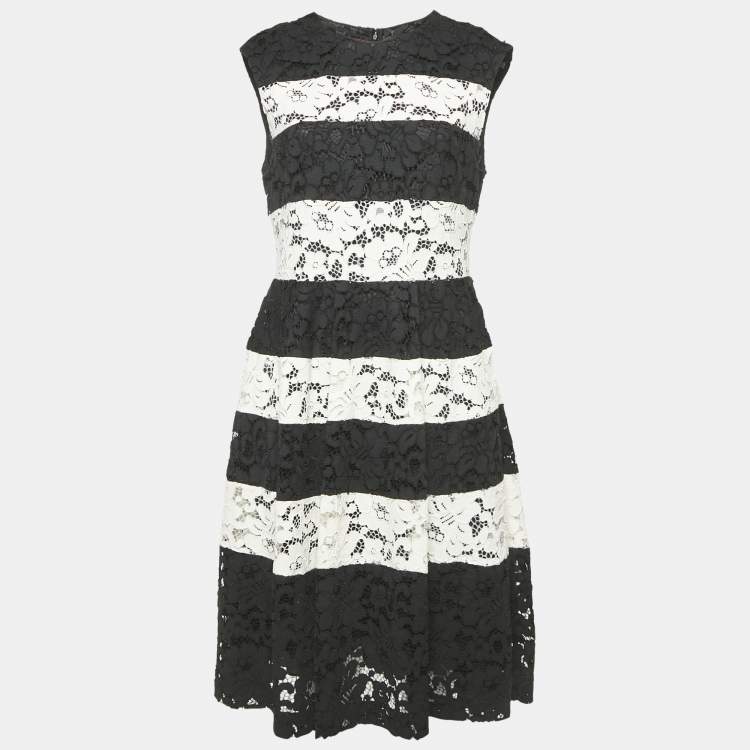 Pre Owned Carolina Herrera Black/White Corded Lace Sleeveless Short Dress M