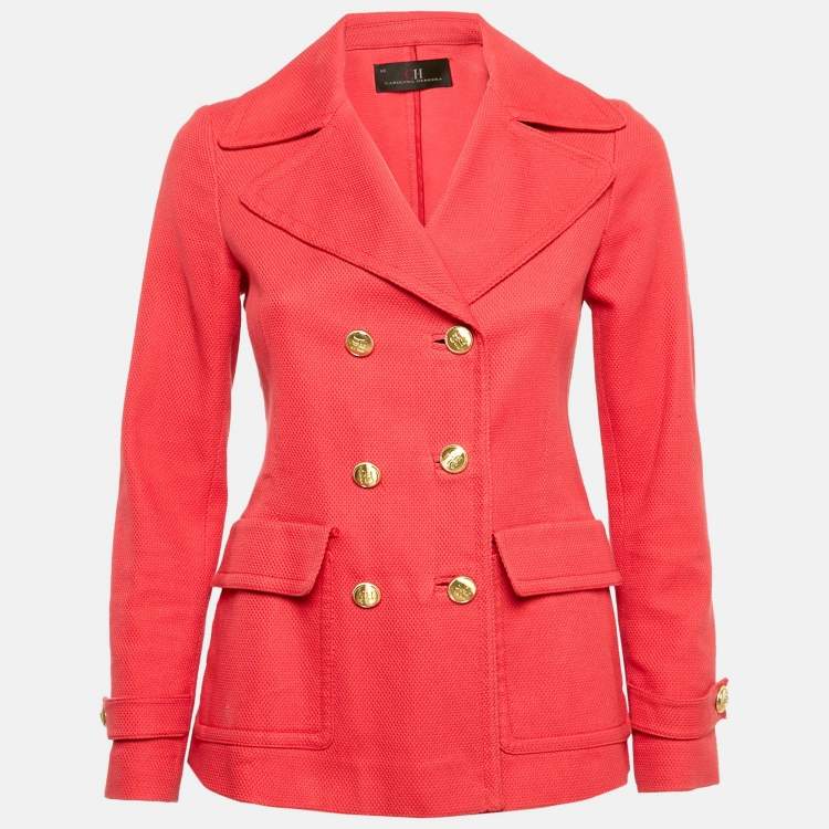 Pre Owned CH Carolina Herrera Red Textured Cotton Double Breasted Coat XS