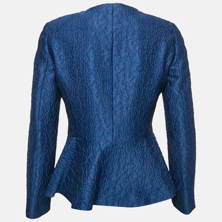 Pre Owned CH Carolina Herrera Navy Blue Jacquard Ruffled Jacket M