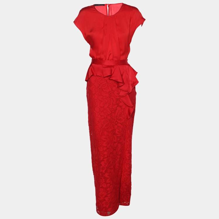 Pre Owned CH Carolina Herrera Red Lace Ruffle Trim Slit Detail Maxi Skirt and Tops M