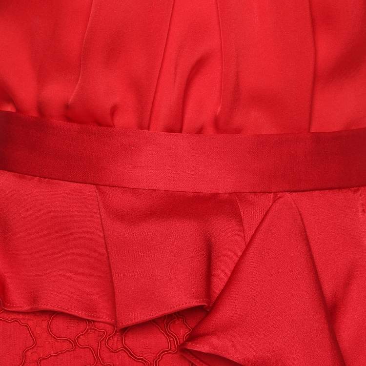 Pre Owned CH Carolina Herrera Red Lace Ruffle Trim Slit Detail Maxi Skirt and Tops M