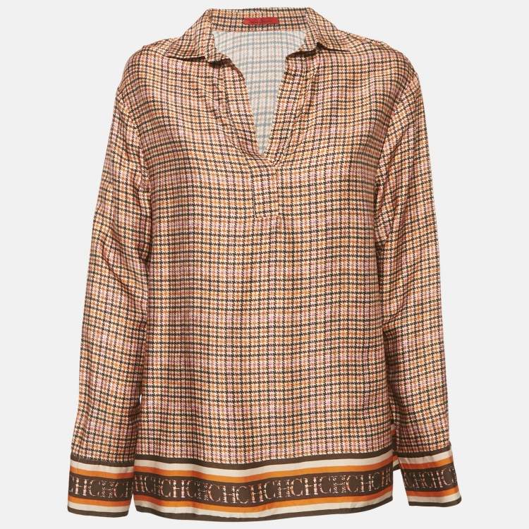 Pre Owned CH Carolina Herrera Red Houndstooth Printed Sateen Top M