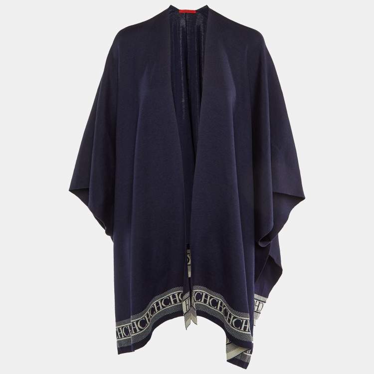 Pre Owned CH Carolina Herrera Navy Blue Wool Knit Poncho (One Size)