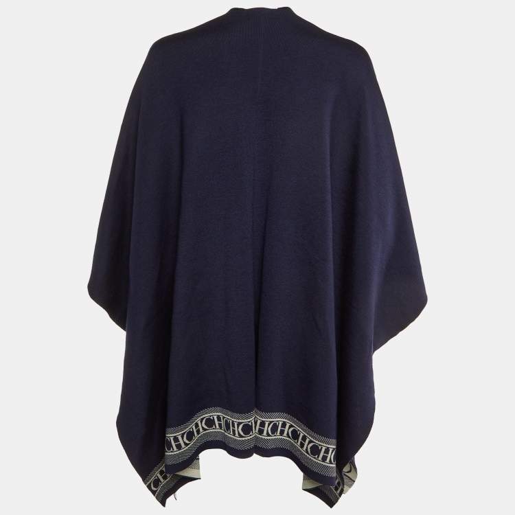 Pre Owned CH Carolina Herrera Navy Blue Wool Knit Poncho (One Size)