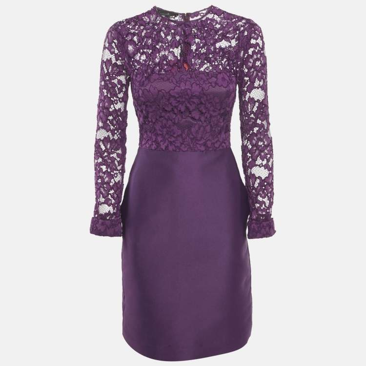 Pre Owned CH Carolina Herrera Purple Lace and Satin Short Dress S