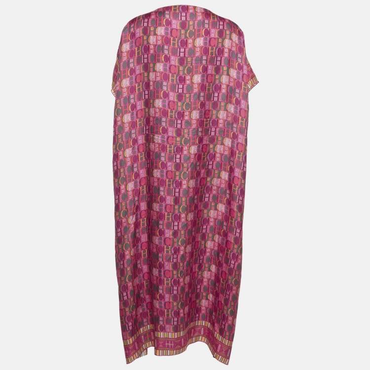 Pre Owned CH Carolina Herrera Pink CH Print Silk Belted Kaftan Dress One Size
