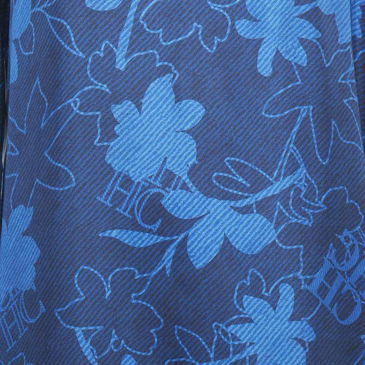 Pre Owned CH Carolina Herrera Blue Logo Floral Print Silk Asymmetric Tunic L