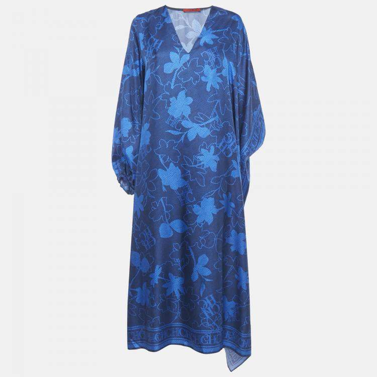 Pre Owned CH Carolina Herrera Blue Logo Floral Print Silk Asymmetric Tunic L