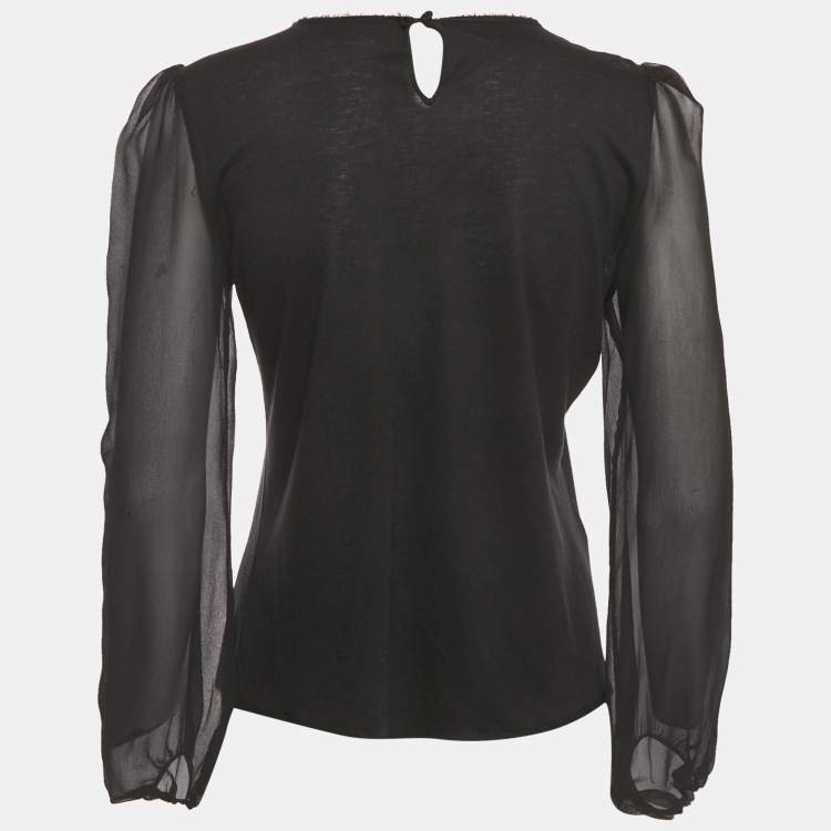 Pre Owned CH Carolina Herrera Black Lace Trim Knit and Silk Top M
