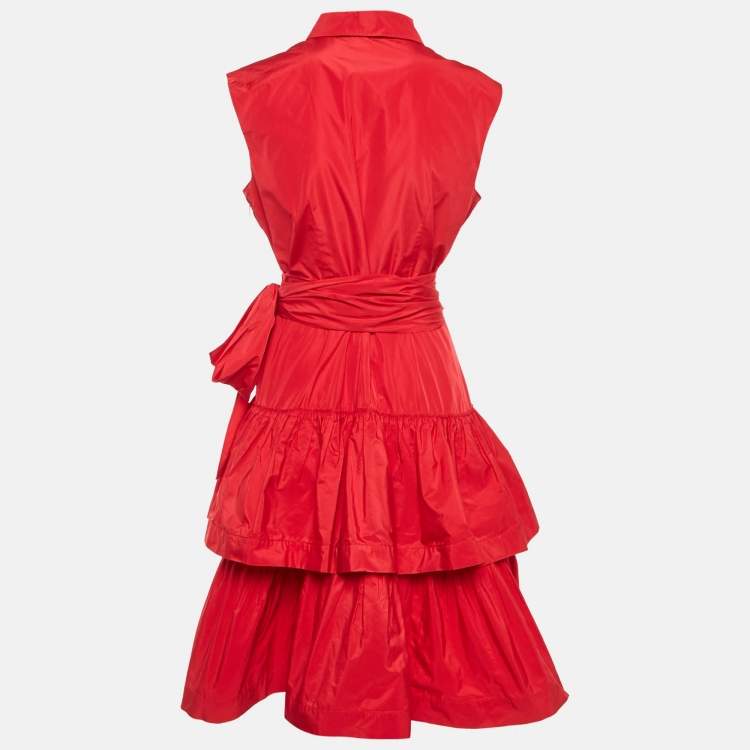 Pre Owned CH Carolina Herrera Red Taffeta Tiered Sleeveless Shirt Dress L