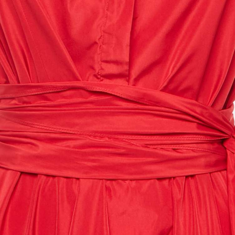 Pre Owned CH Carolina Herrera Red Taffeta Tiered Sleeveless Shirt Dress L