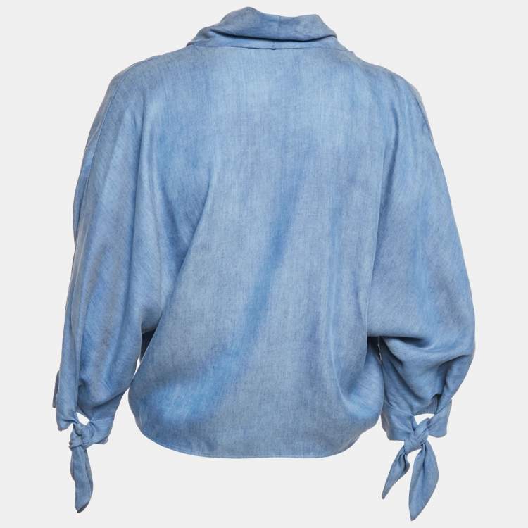 Pre Owned CH Carolina Herrera Blue Lyocell Plunging Neck Blouse XS
