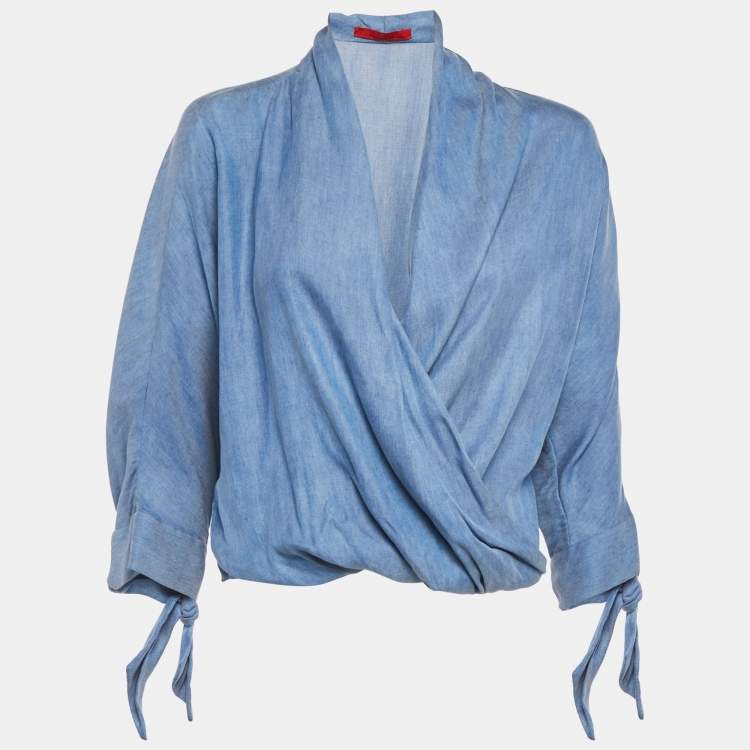 Pre Owned CH Carolina Herrera Blue Lyocell Plunging Neck Blouse XS