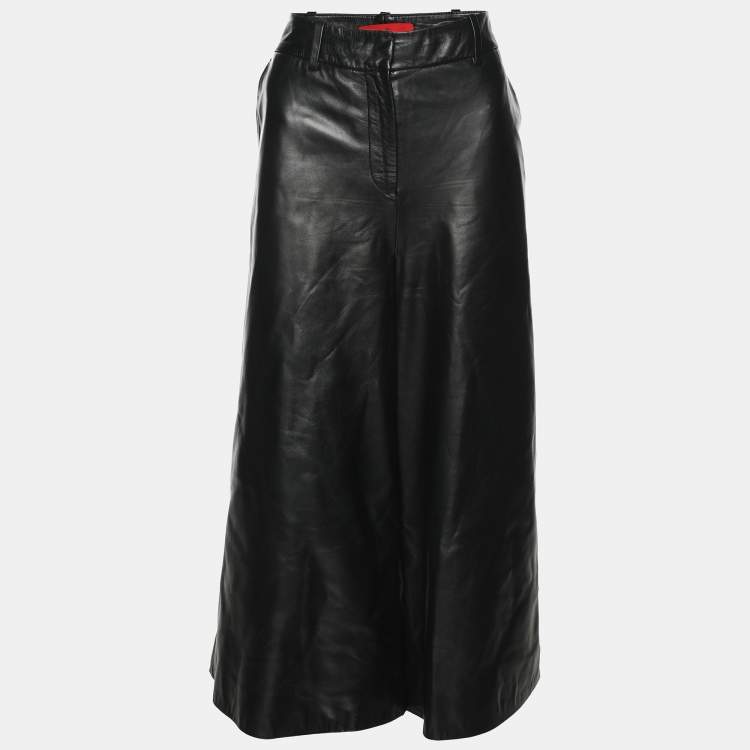 Pre Owned CH Carolina Herrera Black Lambskin Leather Wide Leg Capri Pants M