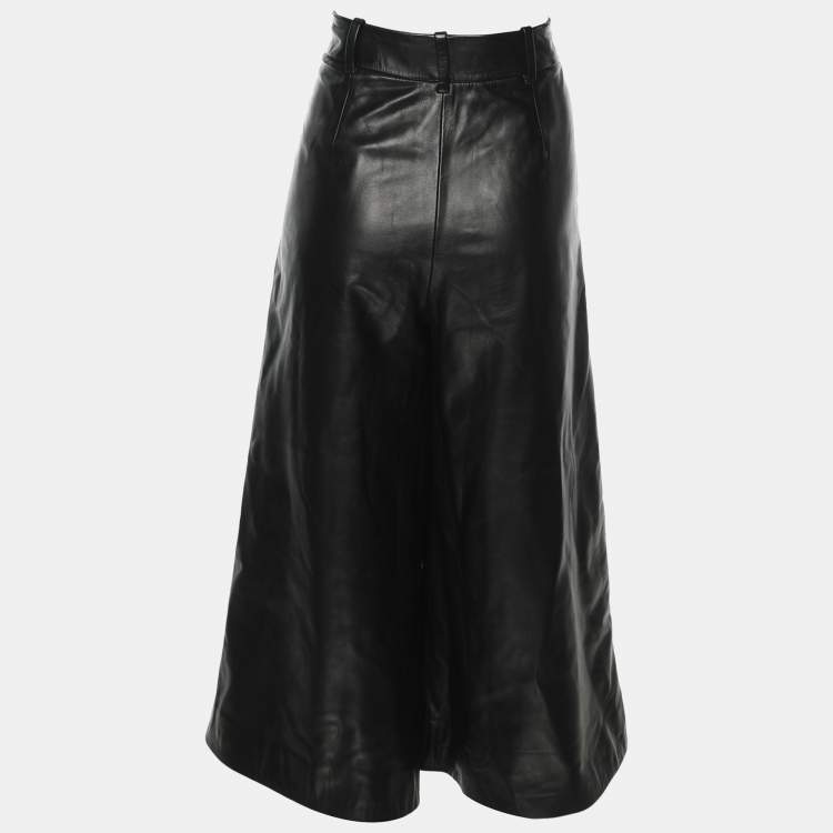 Pre Owned CH Carolina Herrera Black Lambskin Leather Wide Leg Capri Pants M
